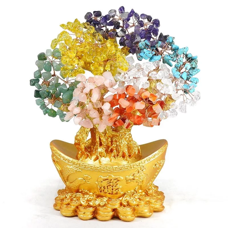 【吉祥開運坊】招財樹【招財/財位 天然七彩水晶龍鳳元寶招財樹特大 金底 發財樹】開光